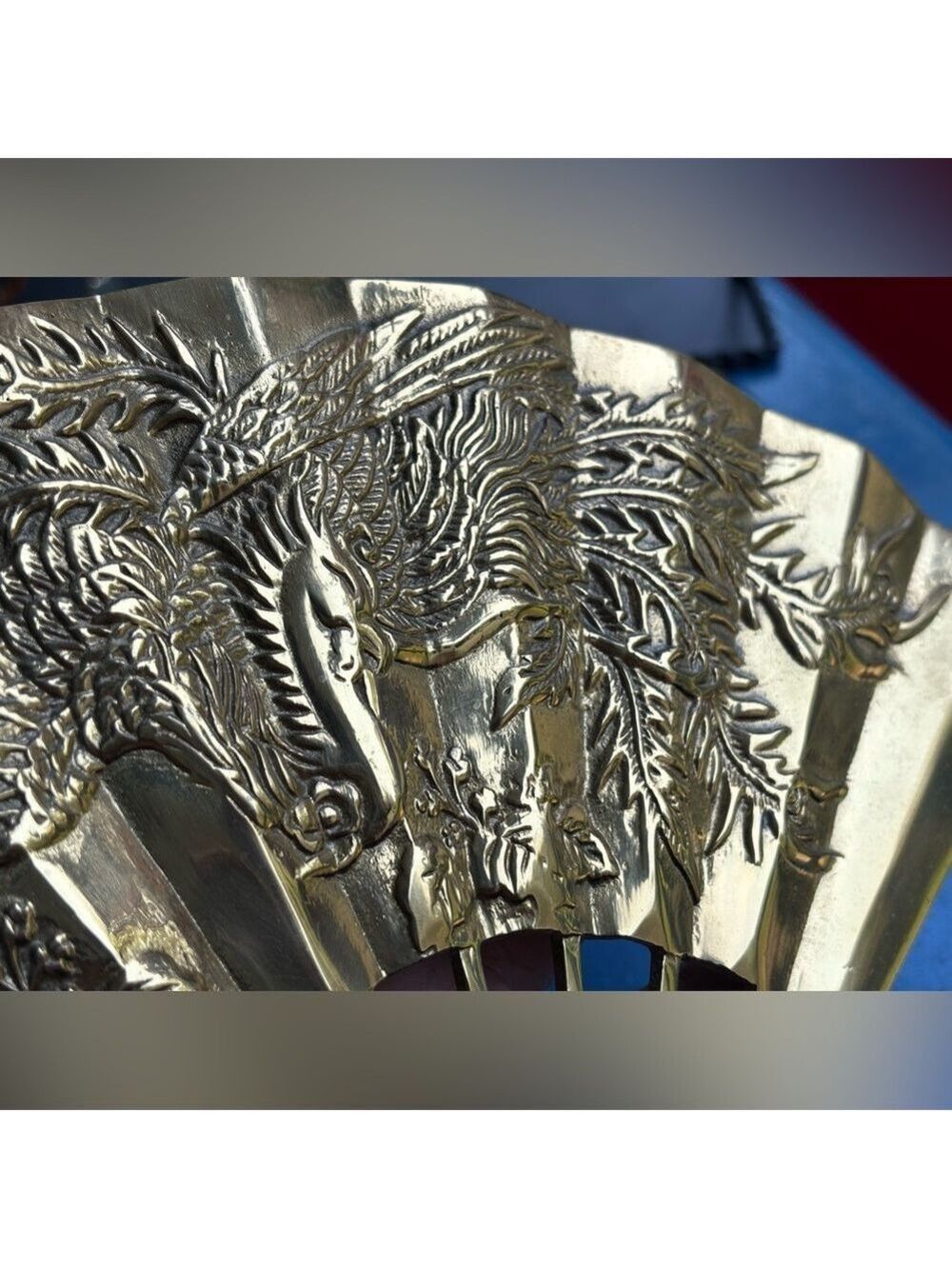 VINTAGE Taiwan ROC Gold Tone Phoenix Fan • Ornate Relief Art • Prosperity Decor - Picture 10 of 16